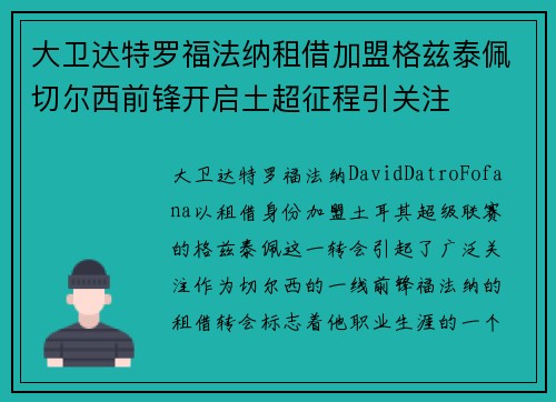大卫达特罗福法纳租借加盟格兹泰佩切尔西前锋开启土超征程引关注 大卫达特罗福法纳租借加盟格兹泰佩切尔西前锋开启土超征程引关注