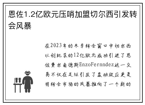 恩佐1.2亿欧元压哨加盟切尔西引发转会风暴 恩佐1.2亿欧元压哨加盟切尔西引发转会风暴